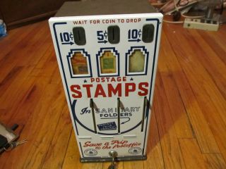 Vintage Shipman Mfg Co Postage Stamp Vending Machine 3 Lever Coin Operated W/key