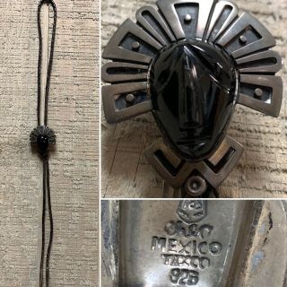 Vtg Cheo Signed Taxco Mexico Sterling Silver Obsidian Mask Face Bolo Tie Rare