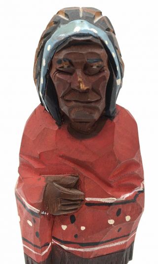 Vintage Folk Art Wood Carving Native American Indian Figure Painted,  Signed