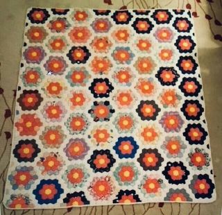 Vintage Full Size Bed Quilt - Grandmother’s Flower Garden - 68 " X83 " L -