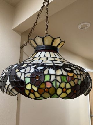 Vintage Tiffany Style Lead Hanging Stained Glass Ceiling Light Lamp Shade 20”