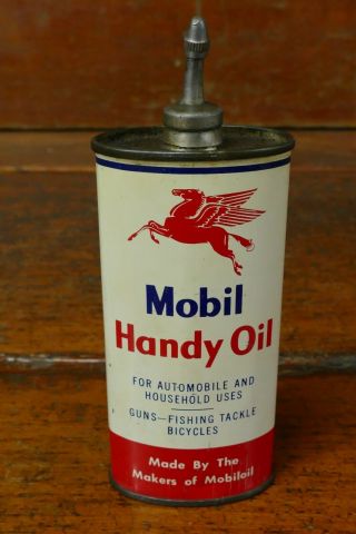 Rare Vintage Early Mobil Oil Co Lead Top 4oz Oval Handy Oiler Oil Can - Full