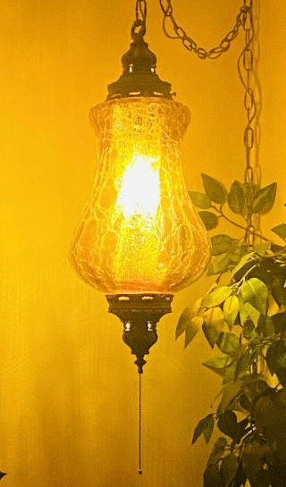 Vintage Swag Amber Glass Hanging Light & Chain Mid - Century Modern Lamp Pendant 2