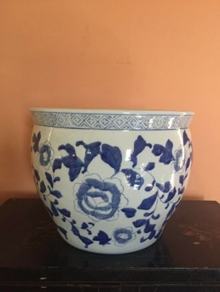 Vintage Large Chinese Porcelain Planter,  Vase,  White And Blue 13 3/4” X 11” T