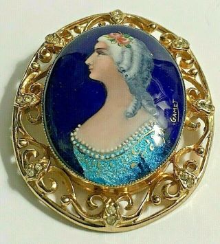 Vintage Made In France French Enamel Lady Portrait Large Brooch Pin Signed Gamet