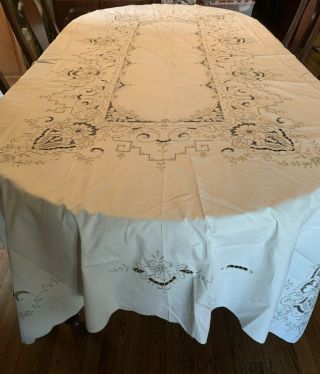 Exquisite Vintage Madeira Cutwork Embroidered Tablecloth With 12 Napkins Banquet