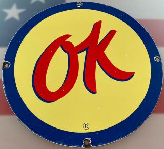 Vintage Ok Cars Porcelain Sign Chevrolet Dealership Gas Oil Sales Service