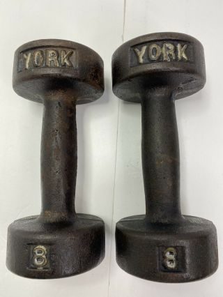 Vintage York Barbell Roundhead Dumbbell (8 Lb.  Weight) Set Pair Total 16 Lb