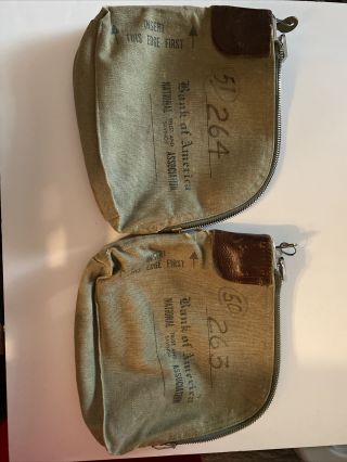 Vtg Pair Bank Of America Deposit Bag Gray Canvas Leather Lock With Keys Rare 80s