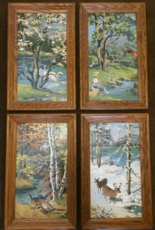 Vintage Set Of 4 “four Seasons” Paint By Number (pbn) Paintings,  Oak Frames