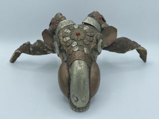 Antique 1880s Tibetan Buddhist Kapala Silver Mounted Ram Skull
