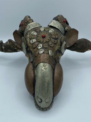 Antique 1880s Tibetan Buddhist Kapala Silver Mounted Ram Skull 2