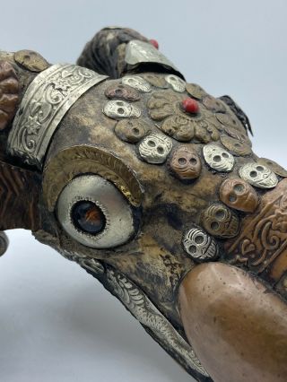 Antique 1880s Tibetan Buddhist Kapala Silver Mounted Ram Skull 4