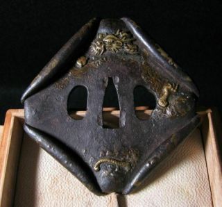 Japan Antique Edo Period Rhomboidal Dragon Tsuba Iron Box Sword Menuki Kozuka