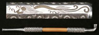 Antique Japanese Sterling Silver Kiseru Pipe Water Dragon Japan Smoking Netsuke