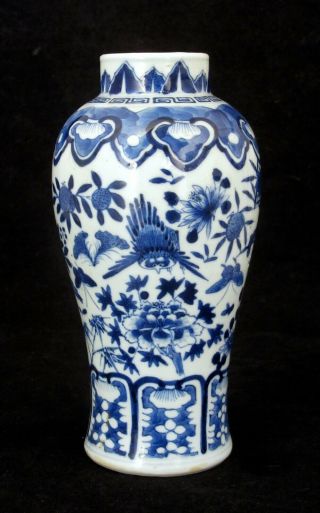 ANTIQUE CHINESE BLUE & WHITE VASE,  PAINTED BIRDS & FLOWERS,  KANGXI MARK,  19th C 2