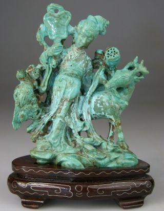 Antique Chinese Statue Figure Kwanyin Lady Resin Turquoise Carve Stand Qing 19th