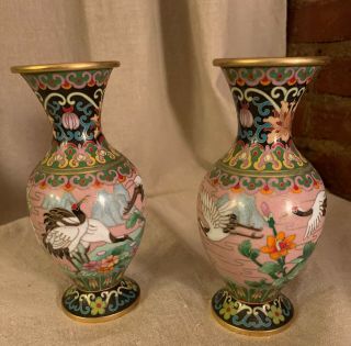 Matched Pair 20th Century Jingfa Chinese Cloisonne Enamel Vase Crane Heron Peony