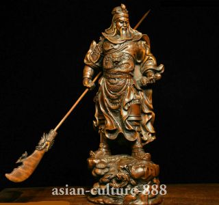9.  2 " Chinese Folk Boxwood Wood Carving Dragon Guan Gong Yu Warrior Figure Statue
