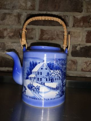 Currier & Ives Royal China Blue And White Teapot The Homestead In Winter