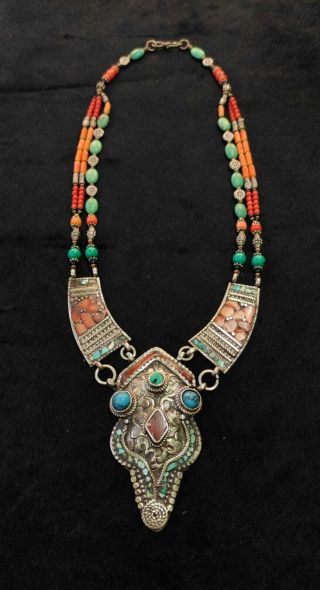 Antique Necklace Tibetan Old Natural Turquoise And Coral Stone