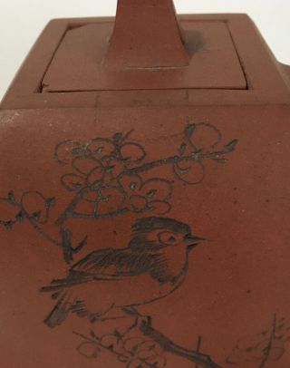 Signed Chinese 19th - 20th C Yixing Zisha Clay Teapot Art Pottery Bird Cherry Tree