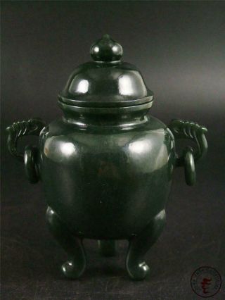 Antique Old Chinese Spinach Green Nephrite Jade Carved Tripod Vase Pot Statue