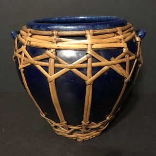 Cobalt Blue Awaji Arts & Crafts Studio Pottery Vase Pot Bamboo Rattan Woven Wrap