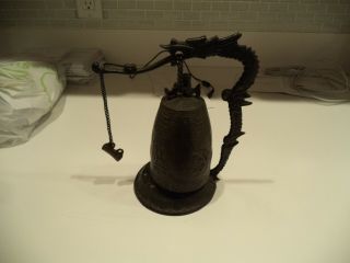 Antique Asian Brass Bronze Bell With Hammer Tibetian? 9 Inch Tall