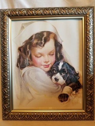 Vintage Framed Print Little Girl Nurse With Her Injured Cocker Spaniel Puppy