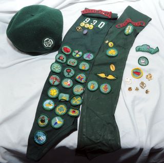 Vintage 1966 Girl Scout Sashes With Merit Badges & Pins,  Beanie Hat 28 Patches,