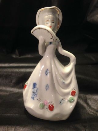 Vintage Porcelain Victorian Southern Lady With Floral Dress And Fan Dinner Bell