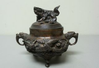 19th C.  Antique Chinese Bronze Censer / Incense Burner,  Stylized Beast On Top