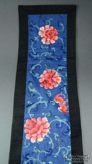 Chinese Long Embroidered Blue Silk Banner,  Flowers & Bats,  Late Qing Dynasty 2