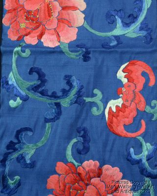 Chinese Long Embroidered Blue Silk Banner,  Flowers & Bats,  Late Qing Dynasty 3