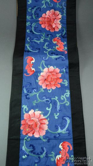 Chinese Long Embroidered Blue Silk Banner,  Flowers & Bats,  Late Qing Dynasty 4