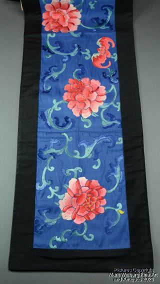 Chinese Long Embroidered Blue Silk Banner,  Flowers & Bats,  Late Qing Dynasty 5