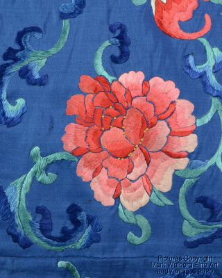 Chinese Long Embroidered Blue Silk Banner,  Flowers & Bats,  Late Qing Dynasty 6