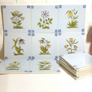 Vintage Dutch Blue Yellow Floral Ceramic Tiles Made In Holland Set Of 15