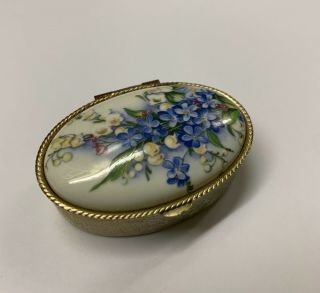 Vintage Scroll Oval Shaped Silver Plated Trinket Box With Porcelain Blue Flowers