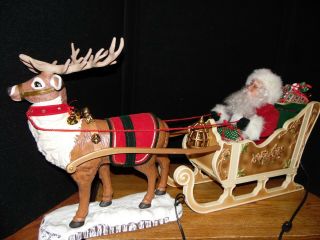 Vintage Animated Reindeer Santa On Sleigh Rare Christmas