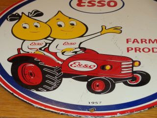 Vintage 1957 Esso Farm Oil Drop Boy & Girl 11 3/4 " Porcelain Metal Gasoline Sign