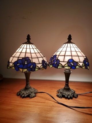 2 Vintage Tiffa - Mini Tiffany Style Stained Glass Lamp W/l&l Wmc 1973 9320