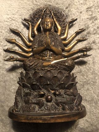 12” Buddhism Pure Bronze 1000 Arms Avalokiteshvara Of Goddess Guan Yin Statue