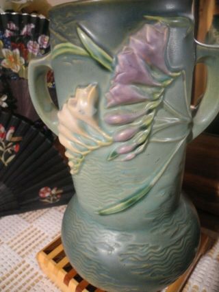 Vtg Roseville Freesia 10 " Art Pottery Vase 126 - 10 Blue Asian Wave Design Handles