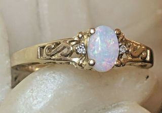 Vintage Estate 10k Gold Opal Diamond Ring Gemstone October