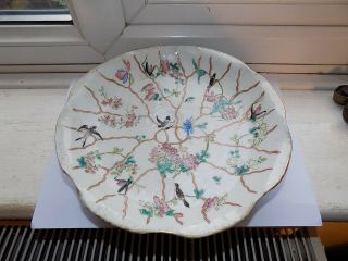 Antique Chinese Porcelain Footed Dish Painted Birds & Flowers 23.  5 Cm Base Mark