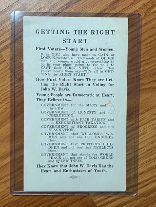 1924 John W.  Davis For President First Voters Campaign Flier