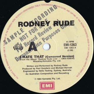 Rodney Rude Orig Oz Promo 45 I Hate That Ex ’84 Emi Comedy