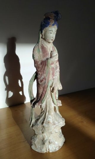 Chinese Qing 18th Century Polychrome Painted Carved Wood Figure Of Guanyin